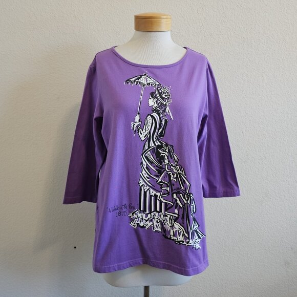 Bob Mackie A Walk In The Park 1875 Steampunk Purple Graphic 3/4 Sleeve Top L - Picture 2 of 10